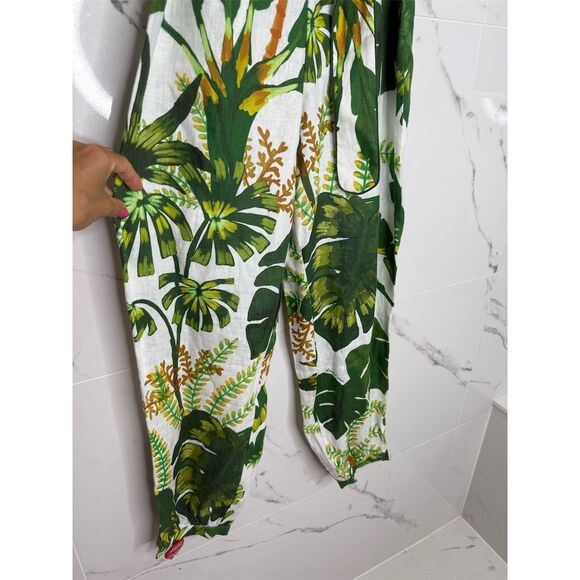 Farm Rio XXS Green white Tropical Leaf Print Jumpsuit Linen Resort Anthropologie - Picture 2 of 16